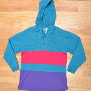 Vintage Colorblock Hoodie Child's Large (14-16) Teal Purple Magenta 80s 90s